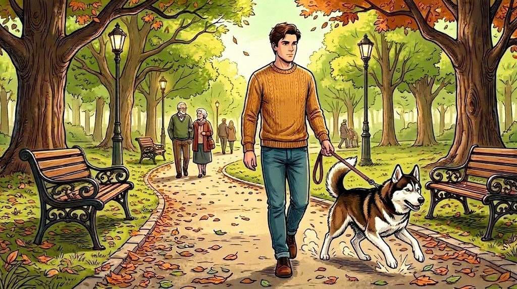 Nanook the husky pulling its owner along a park path with great purpose — comic illustration