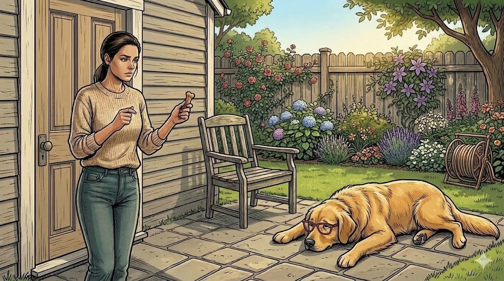 Alfred lying flat during a training session while The Therapist holds a treat — comic illustration