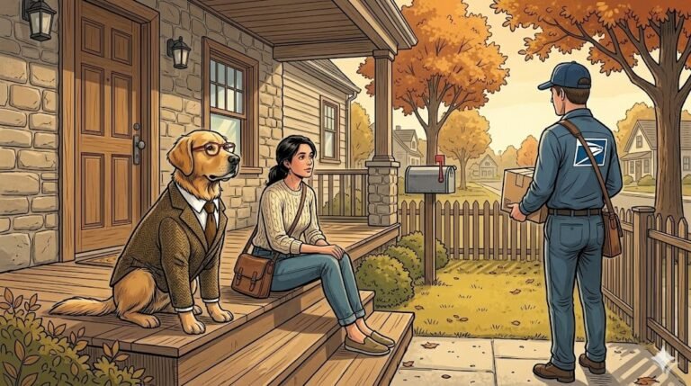 Alfred the golden retriever sitting calmly beside The Therapist as the mailman arrives — comic illustration