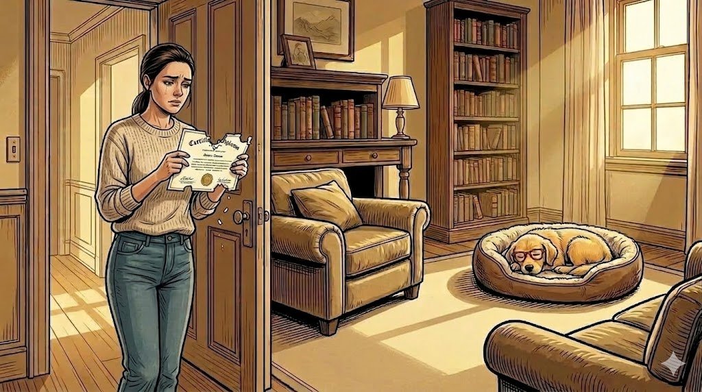 The Therapist holding a chewed diploma while Alfred sleeps peacefully across the room — comic illustration