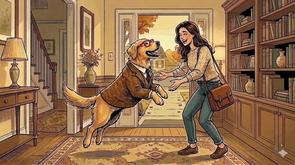 Alfred the golden retriever jumping and barking excitedly as The Therapist arrives home — comic illustration