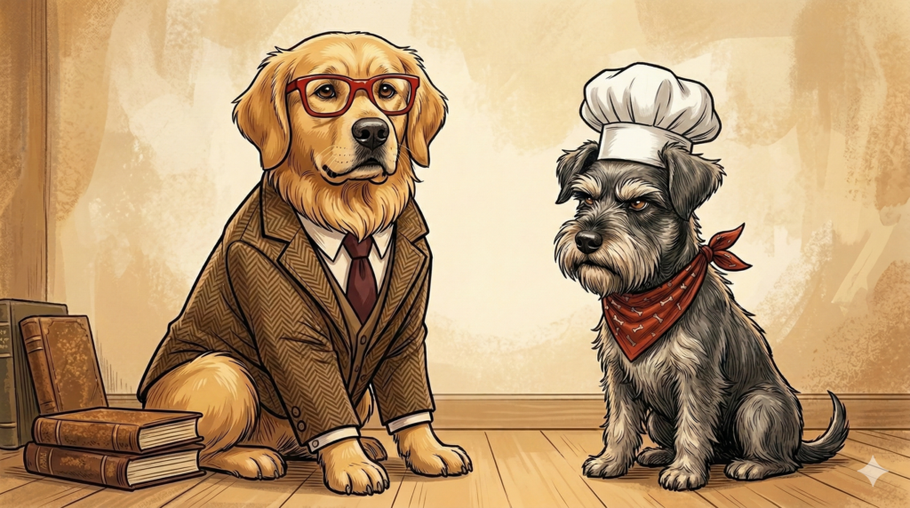 Portrait of Alfred the Golden Retriever and Ham the Miniature Schnauzer posing together, the stars of the Alfred & Ham dog blog.