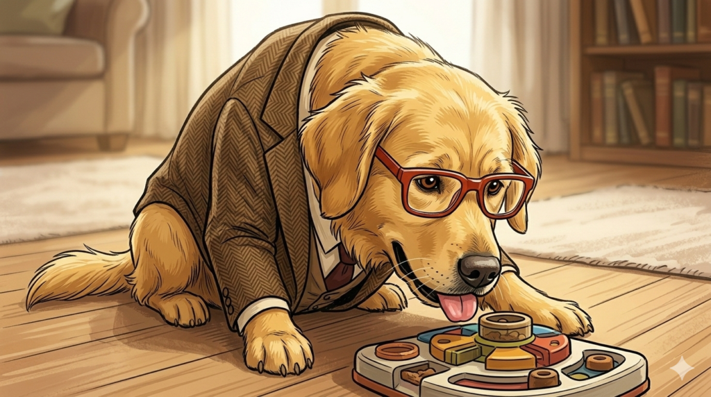 Alfred the golden retriever in glasses solving a food puzzle toy — comic illustration