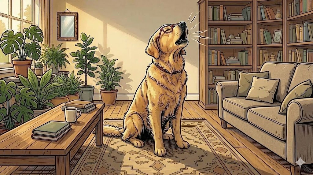 Young Alfred without his tweed jacket howling alone in an empty living room — comic illustration