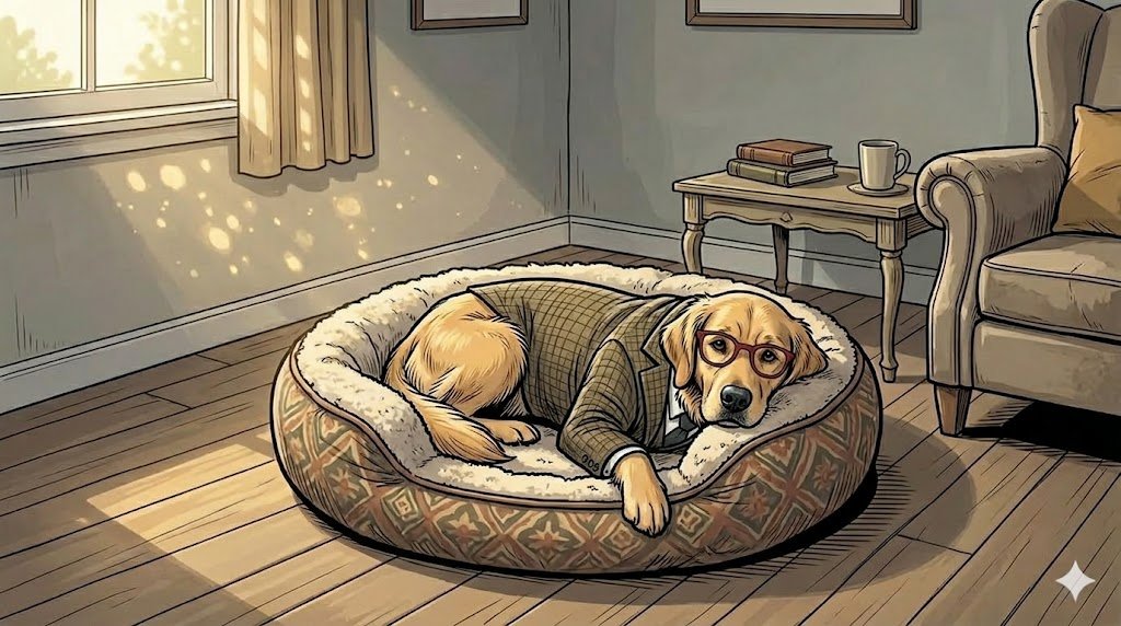 Young Alfred without his tweed jacket lying in his dog bed alone in an empty room — comic illustration