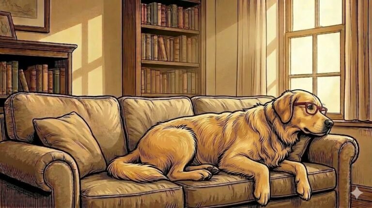 Alfred the golden retriever lying on the sofa looking completely at home — comic illustration