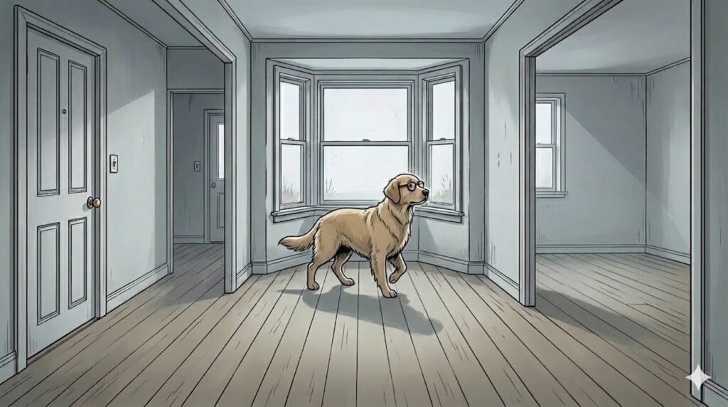 Young Alfred without his tweed jacket pacing through an empty apartment alone — comic illustration