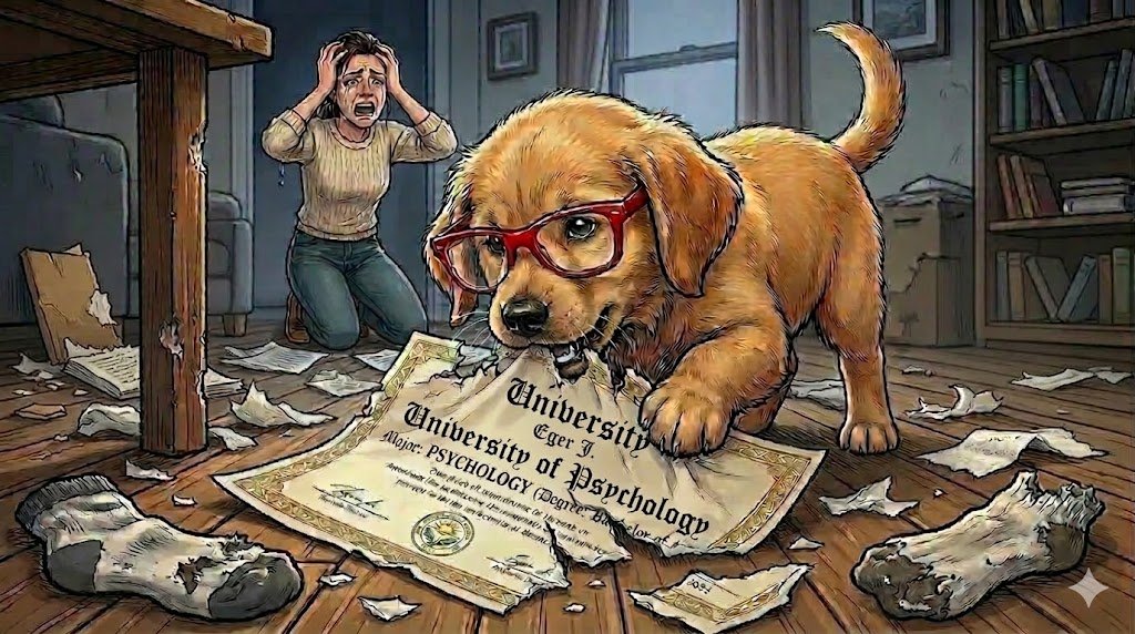 Young golden retriever puppy chewing a diploma on a shelf — comic illustration