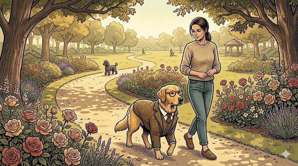  Alfred walking calmly beside The Therapist with another dog visible at a safe distance — comic illustration