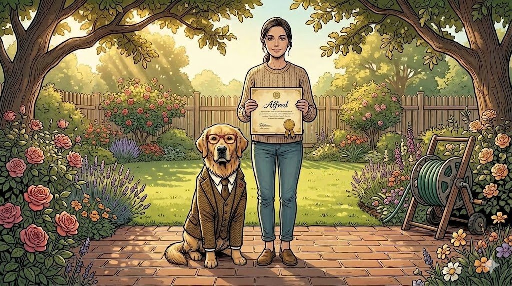 Alfred the golden retriever sitting beside The Therapist who holds his dog school diploma in the garden — comic illustration