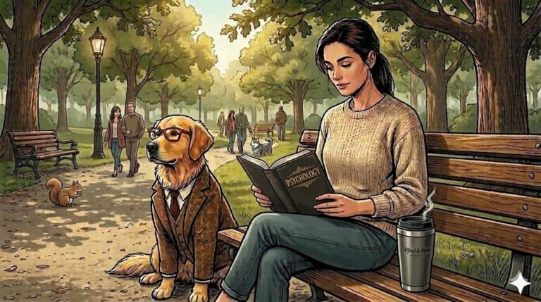 Alfred the golden retriever sitting beside The Therapist on a park bench, observing other dogs — comic illustration