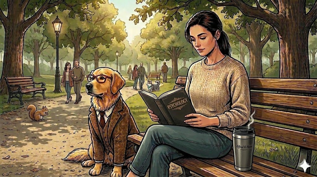 Alfred the golden retriever sitting beside The Therapist on a park bench, observing other dogs — comic illustration