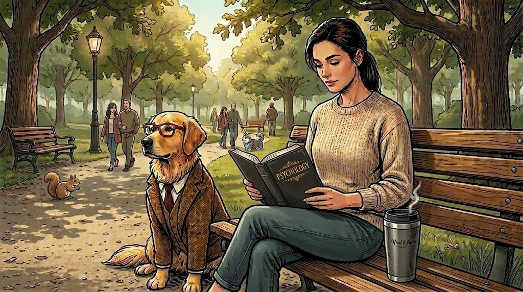 Alfred the golden retriever sitting beside The Therapist on a park bench, observing other dogs — comic illustration