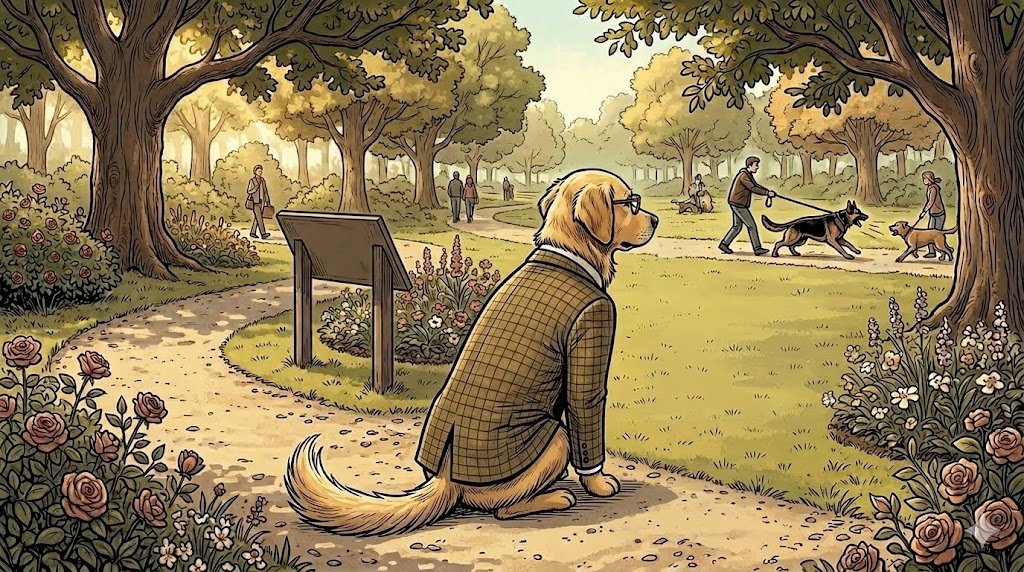 Alfred the golden retriever in glasses watching a leash reactive dog on a park path — comic illustration