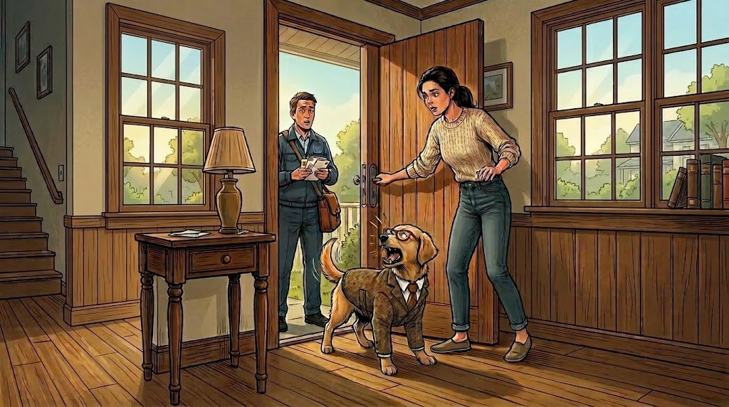 Young adult golden retriever in glasses barking at the mailman — comic illustration