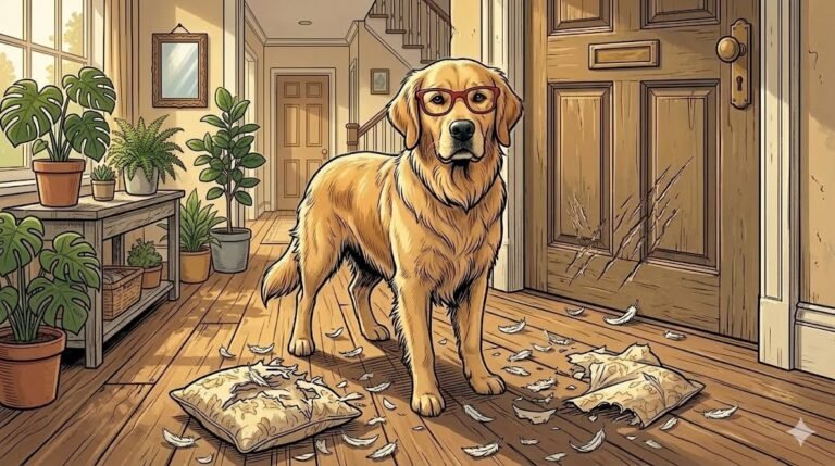 Young Alfred without his tweed jacket scratching at the front door surrounded by a destroyed pillow — comic illustration