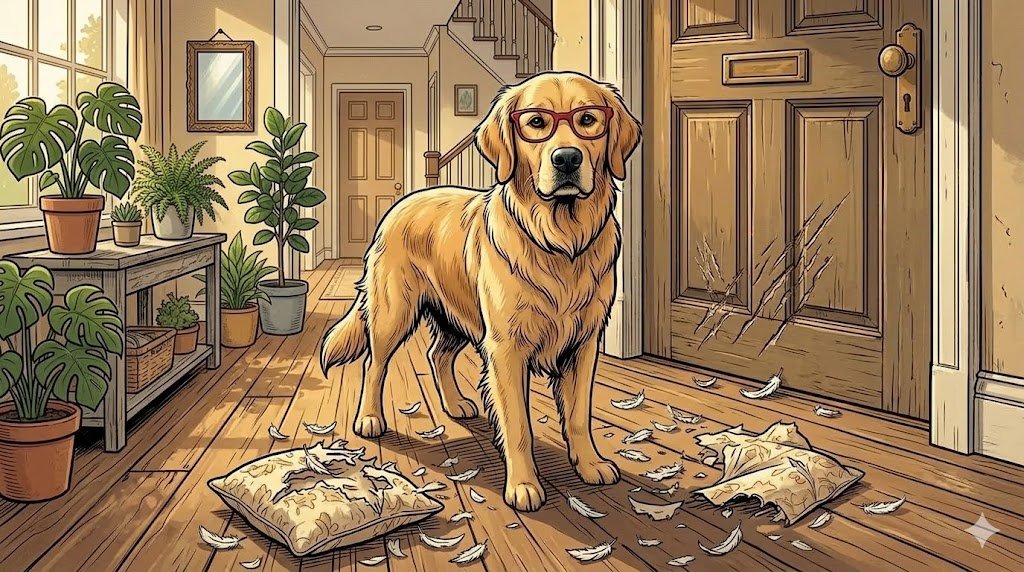 Young Alfred without his tweed jacket scratching at the front door surrounded by a destroyed pillow — comic illustration