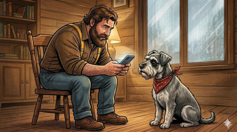 Big Guy sits in his chair searching his phone for health information about himself