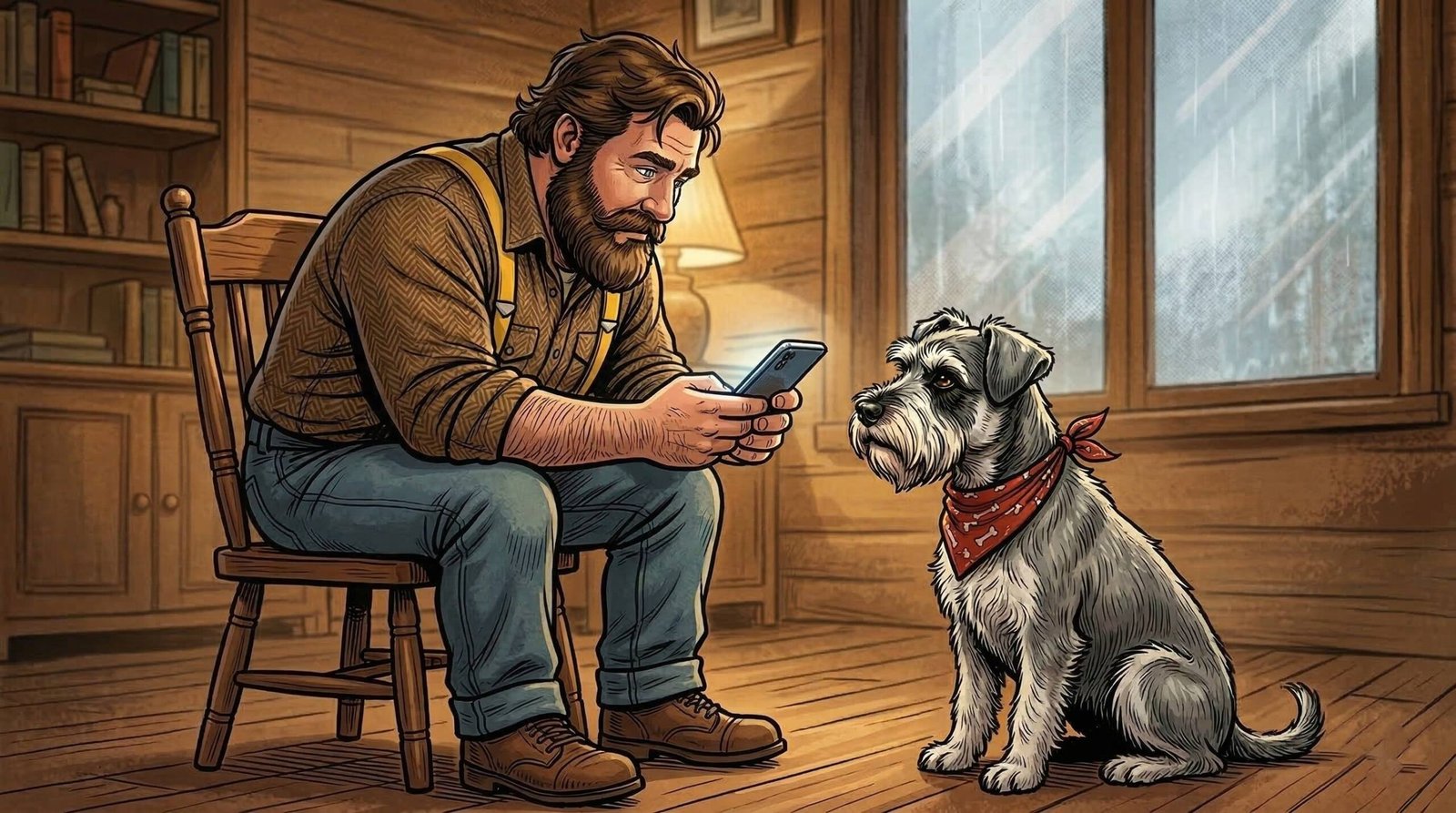 Big Guy sits in his chair searching his phone for health information about himself