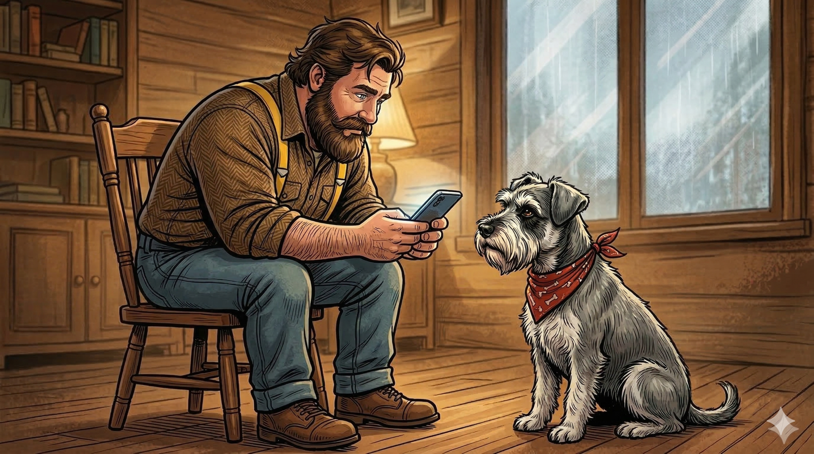 Big Guy sits in his chair searching his phone for health information about himself