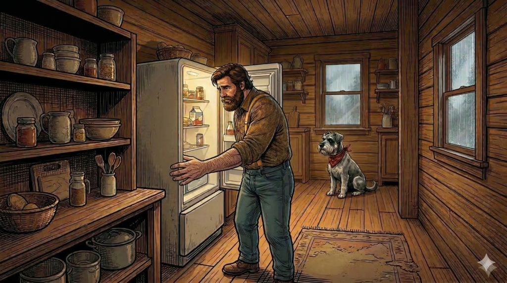 Big Guy searches through the refrigerator trying to figure out what toxic food he ate