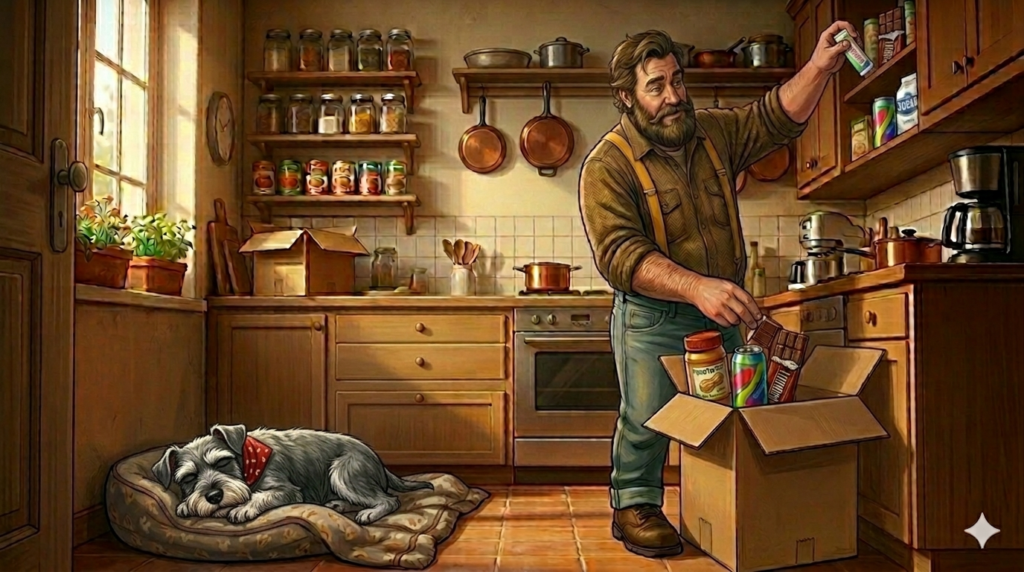 Big Guy packs away xylitol products into a box while Ham sleeps in his dog bed