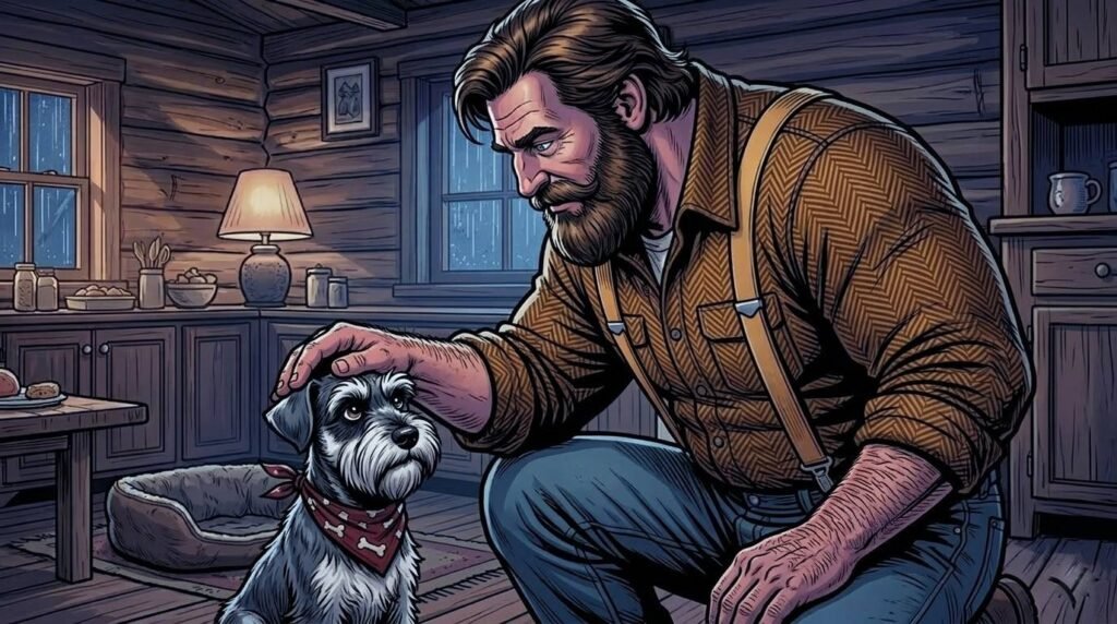 Big Guy pets Ham the Miniature Schnauzer
