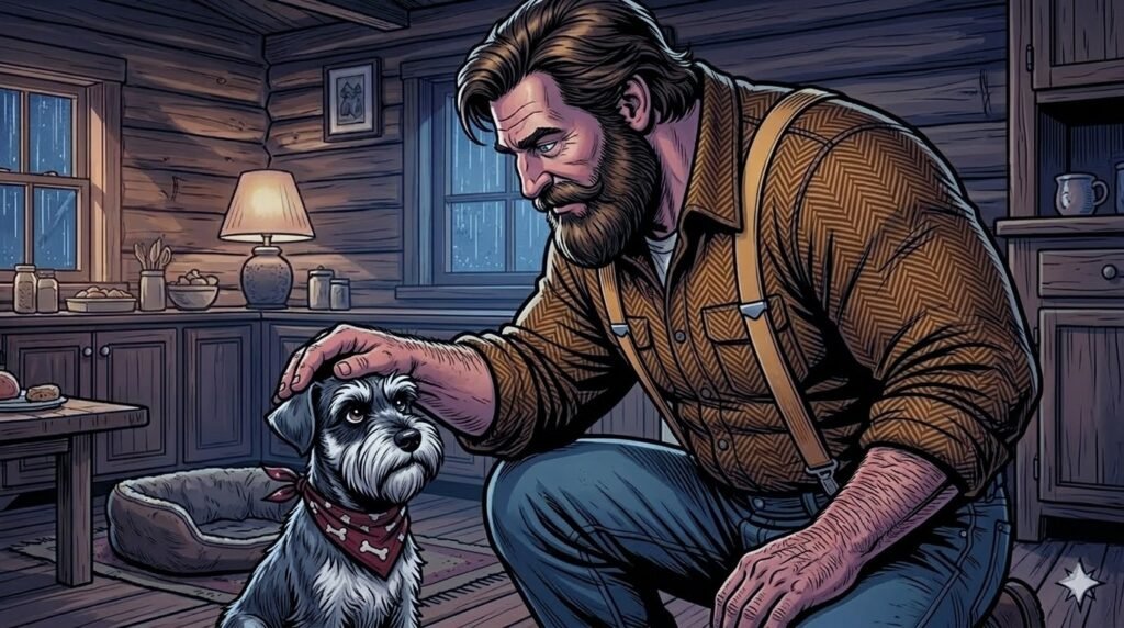 Big Guy pets Ham the Miniature Schnauzer