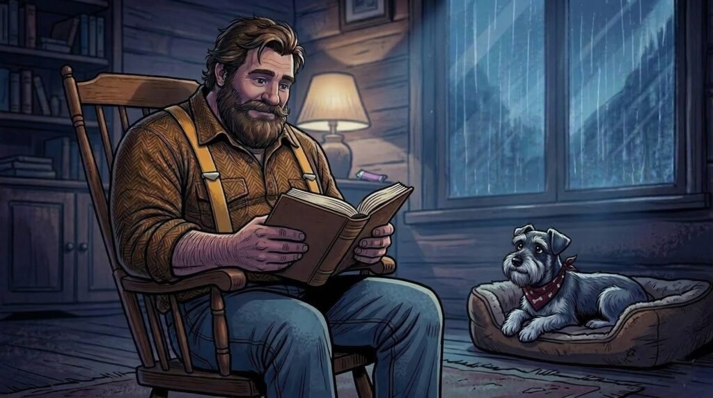 Big Guy reads The Forever Dog book in his chair while Ham watches
