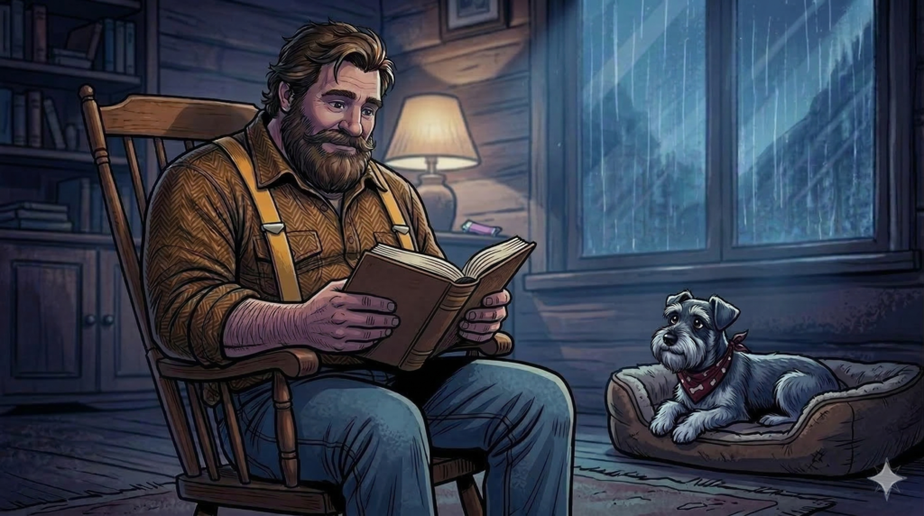 Big Guy reads The Forever Dog book in his chair while Ham watches