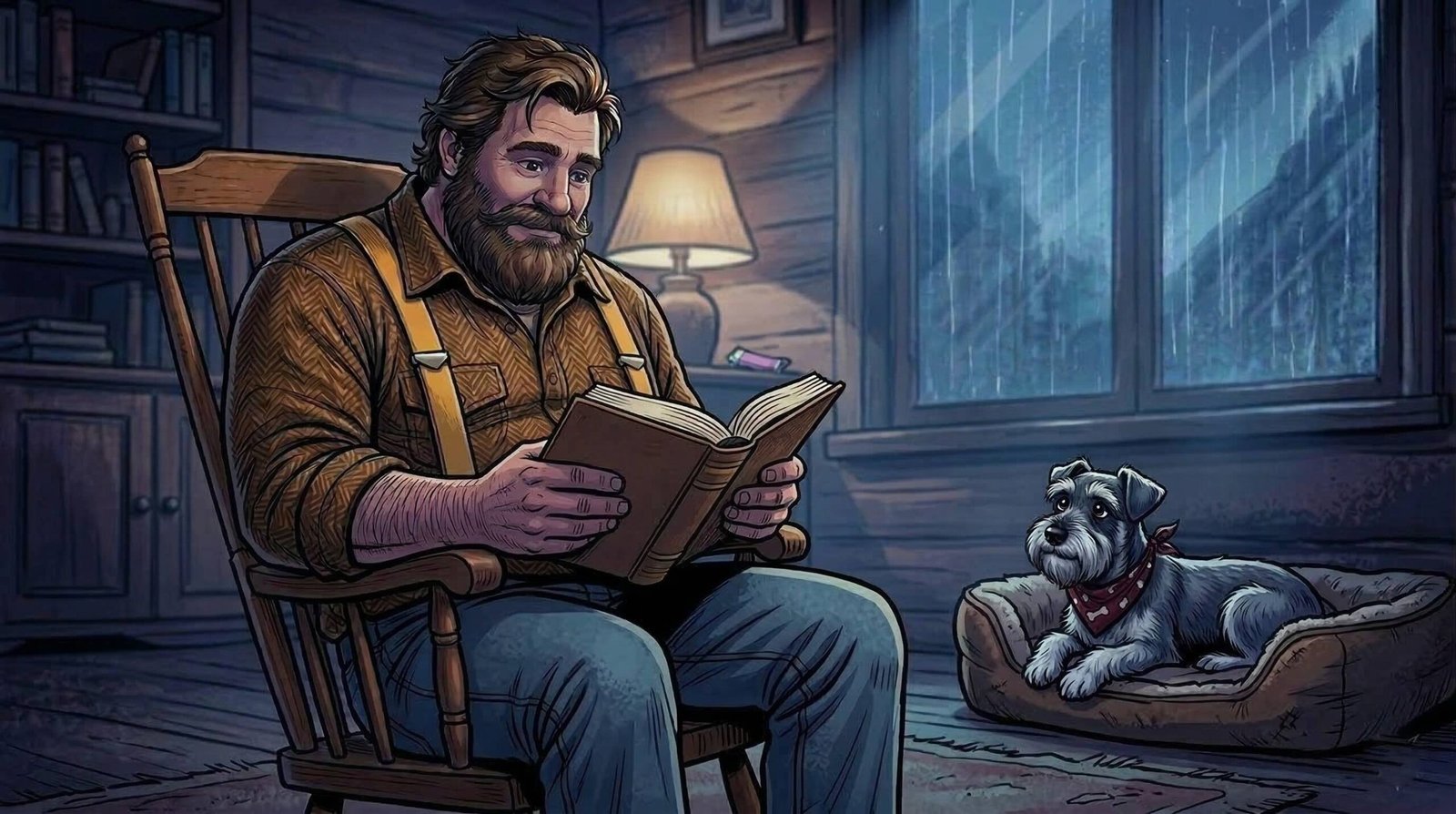 Big Guy reads The Forever Dog book in his chair while Ham watches