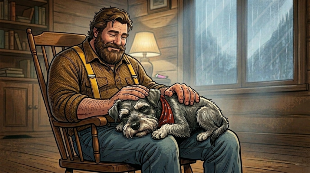 Big Guy sits in his rocking chair petting Ham the Miniature Schnauzer