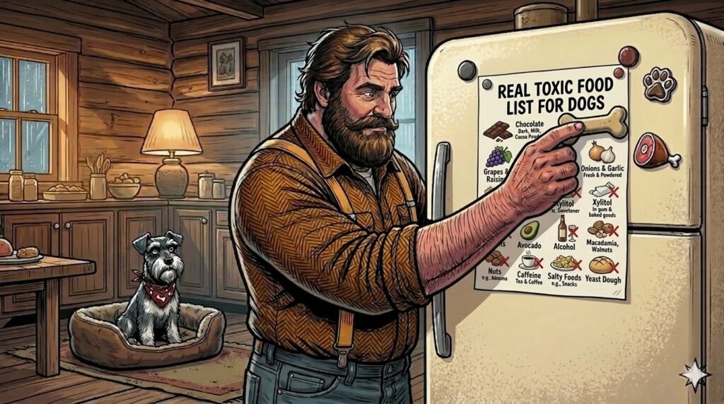 Big Guy puts a toxic foods for dogs list on the refrigerator