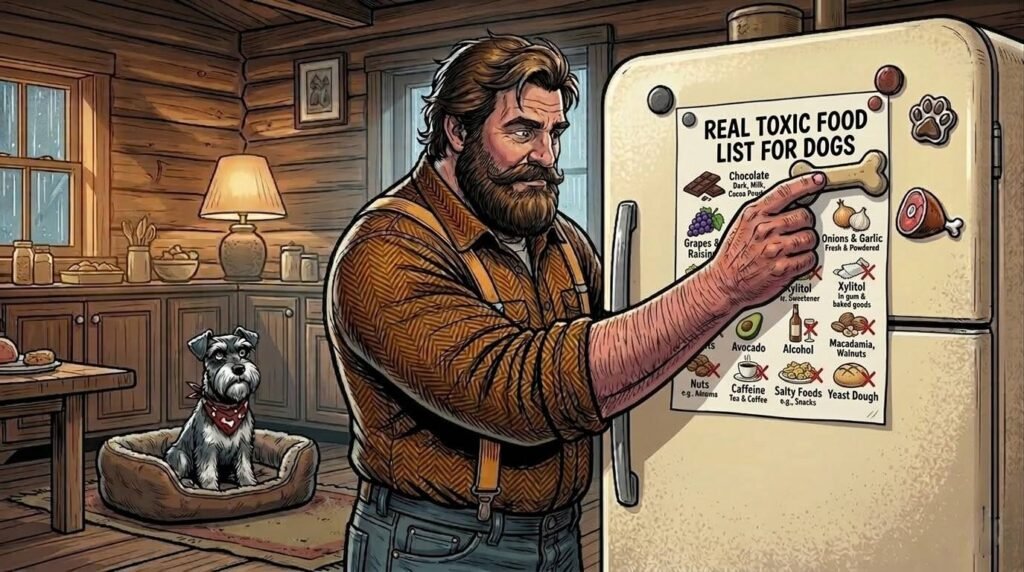 Big Guy puts a toxic foods for dogs list on the refrigerator