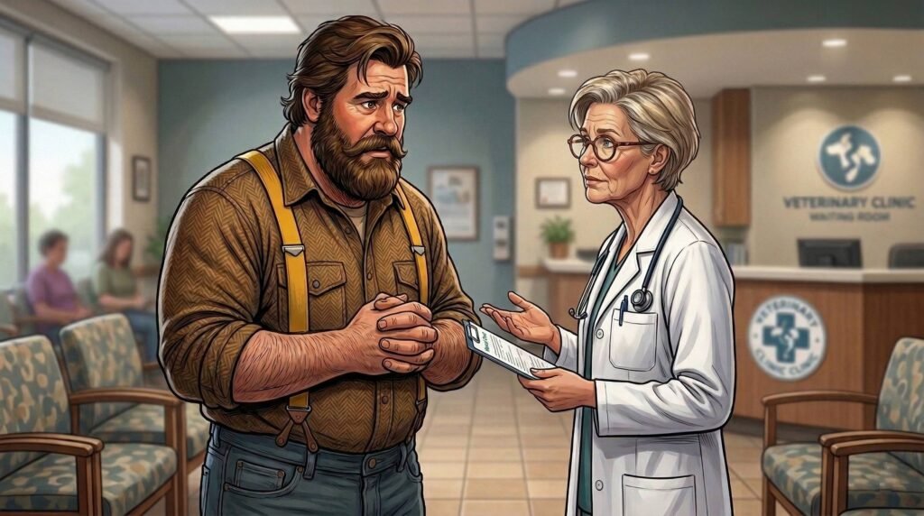 Big Guy talks anxiously with a veterinarian after Ham swallowed xylitol chewing gum