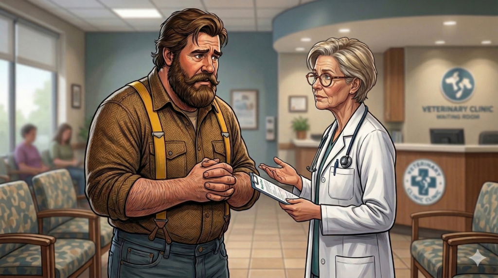 Big Guy talks anxiously with a veterinarian after Ham swallowed xylitol chewing gum