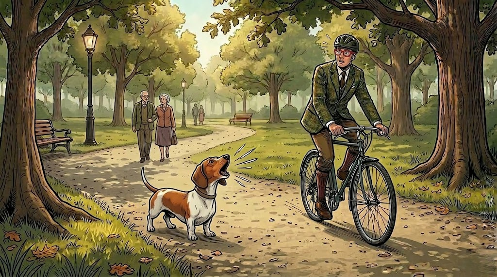 Dachshund barking at a passing cyclist in the park — comic illustration