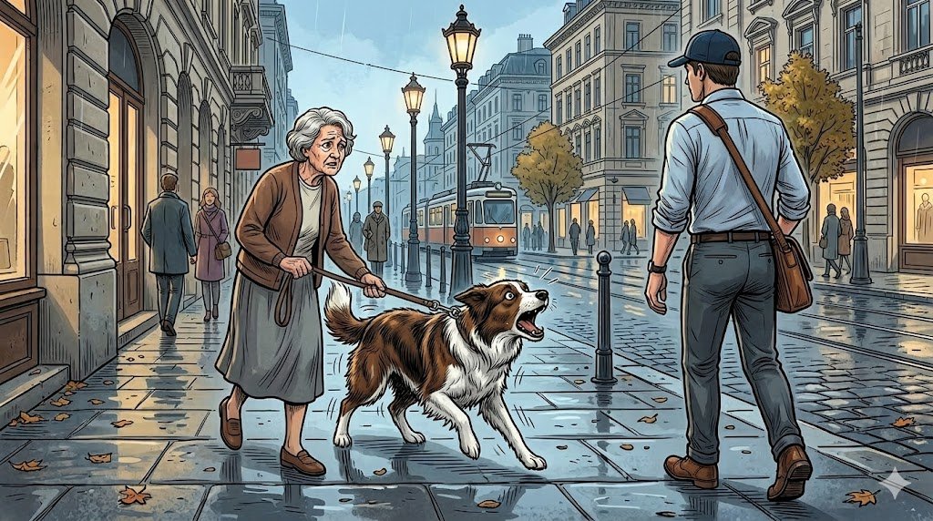 Dog barking fearfully at a stranger wearing a hat during a city walk — comic illustration
