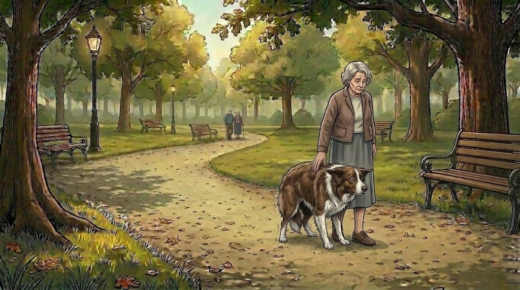 Brown and white shepherd mix pressing against her owner's legs, tail tucked, as another dog approaches — comic illustration
