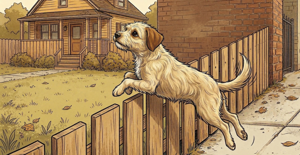 Francie the dog leaps over the backyard fence after coming home