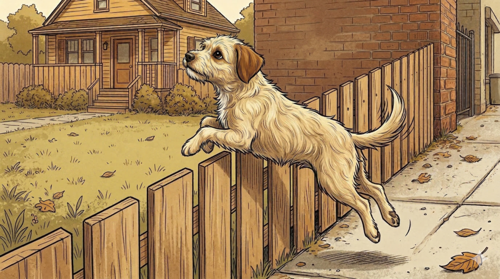 Francie the dog leaps over the backyard fence after coming home