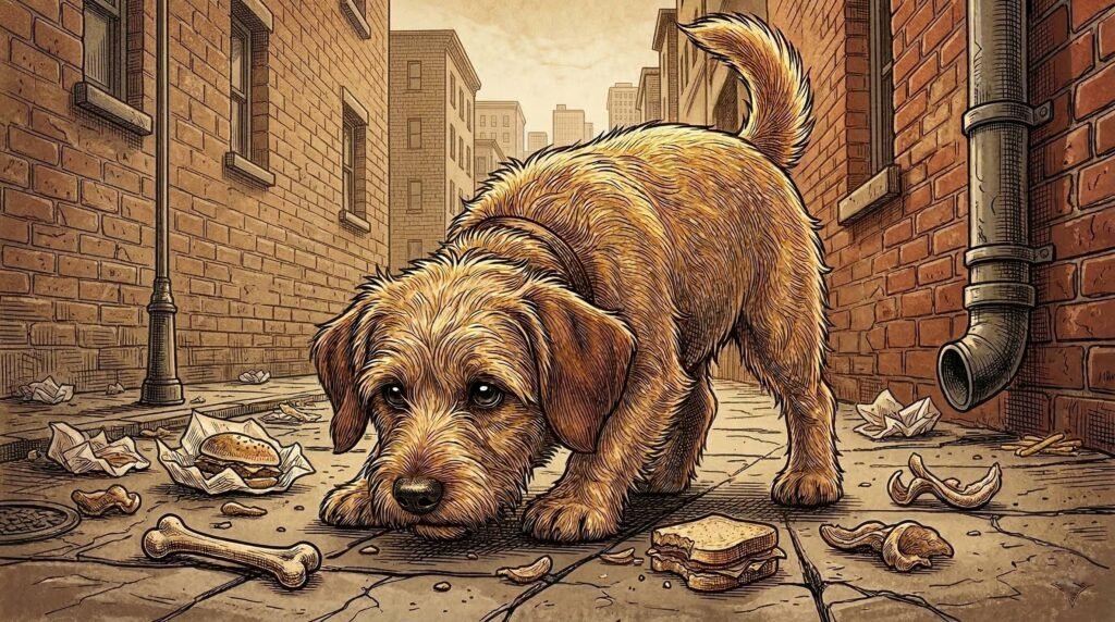Francie the dog nose down tracking a scent across the pavement with focused intensity