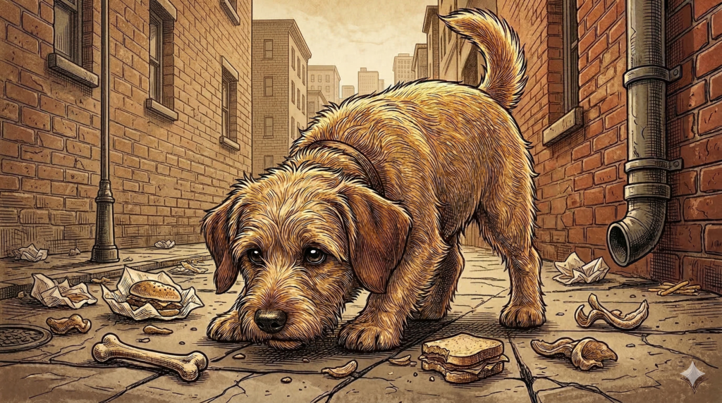 Francie the dog nose down tracking a scent across the pavement with focused intensity