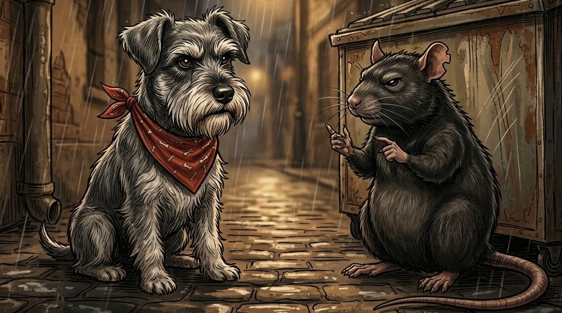 George the rat mentor teaching Ham the Miniature Schnauzer which human foods are toxic to dogs.