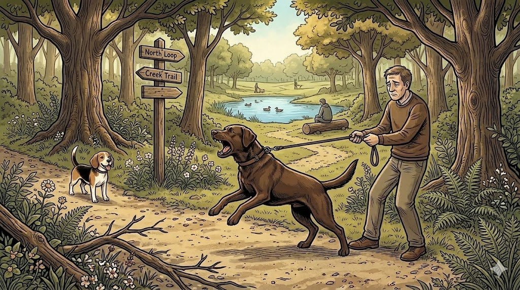 Gerald the chocolate Labrador lunging on leash toward a beagle while his owner holds firm — comic illustration