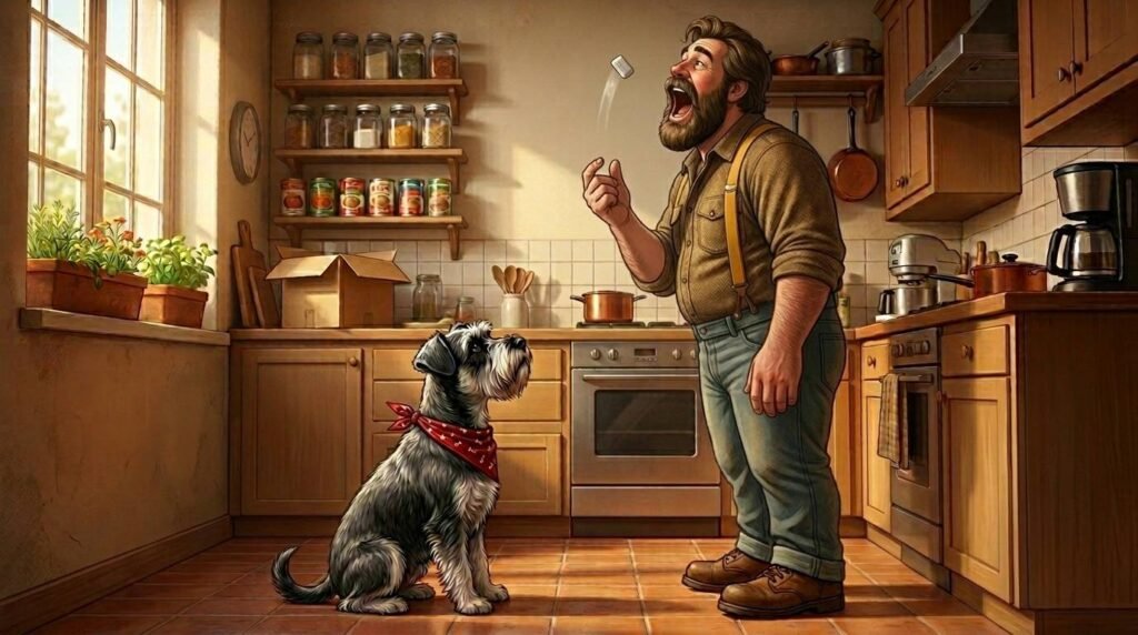 Ham the Miniature Schnauzer looks up at Big Guy holding a piece of chewing gum in the kitchen