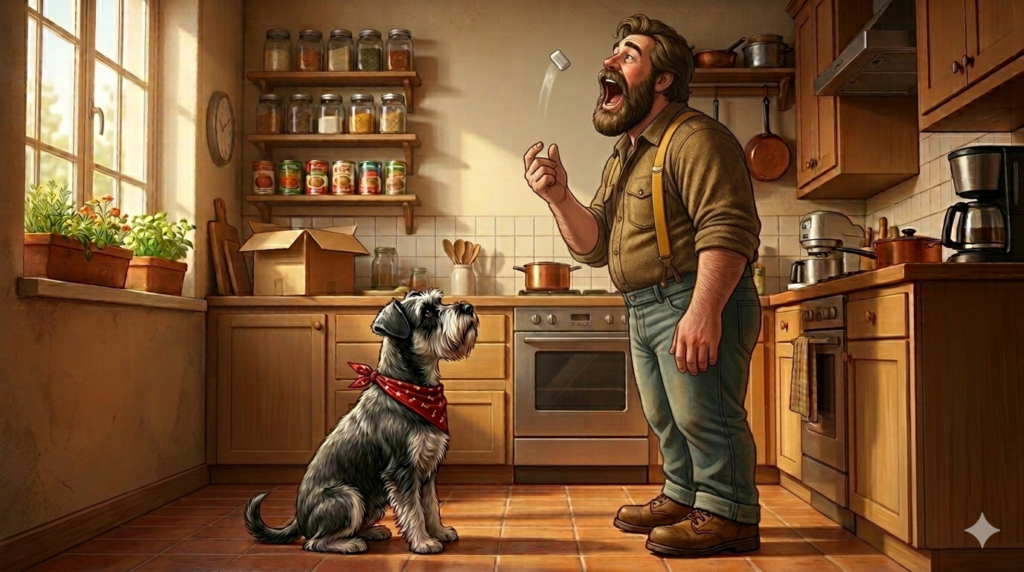 Ham the Miniature Schnauzer looks up at Big Guy holding a piece of chewing gum in the kitchen