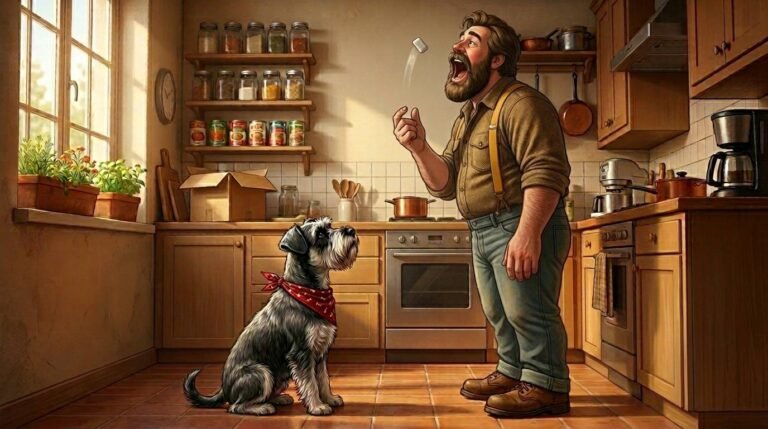Ham the Miniature Schnauzer looks up at Big Guy holding a piece of chewing gum in the kitchen