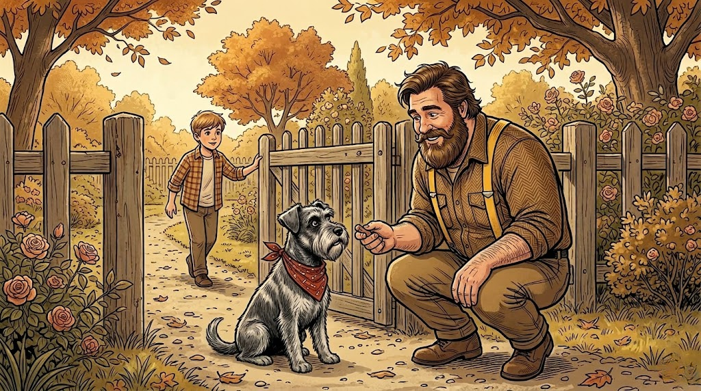 Ham the miniature schnauzer sitting calmly at the front door as Big Guy rewards him with a treat — comic illustration