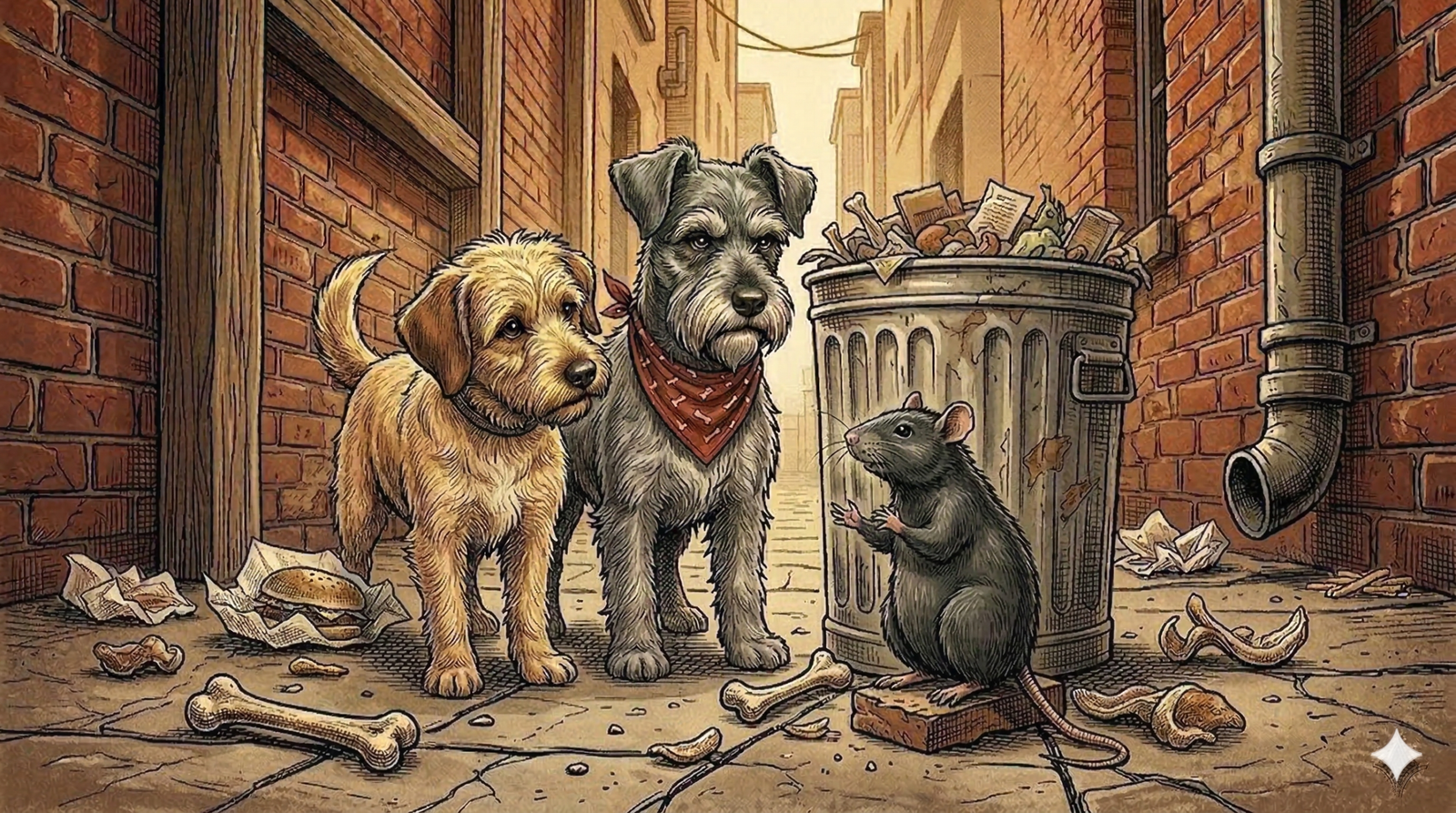 Ham and Francie talk on the street while George the black rat watches from a nearby ledge